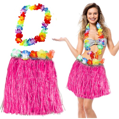 Hawaii%20Luau%20Aloha%20Pembe%20Püsküllü%2040%20cm%20Etek%20ve%20Hawaii%20Kolye%20Seti