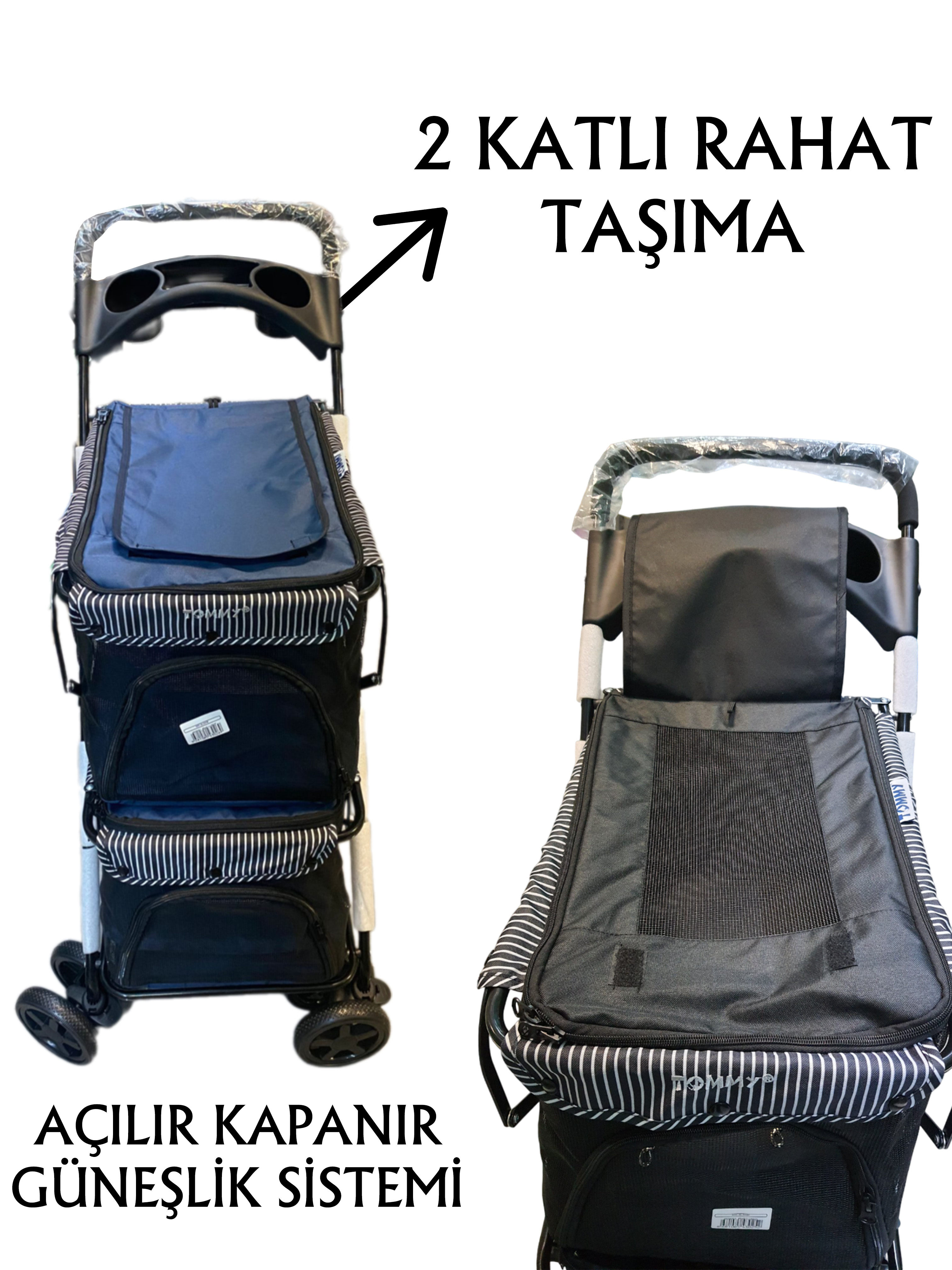 Tommy%20İki%20Katlı%20Evcil%20Hayvan%20Arabası%2085x51x100cm%20Lacivert%20Max%2010+10%20Kg